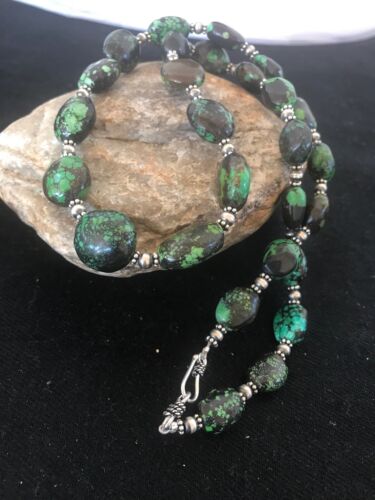 Navajo Green Spiderweb Turquoise Nugget Necklace | Sterling Silver | 22" | Authentic Native American Handmade | 3214