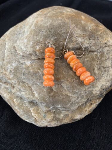 Native American Navajo Orange Spiny Oyster Bead Earrings | Sterling Silver | 13057