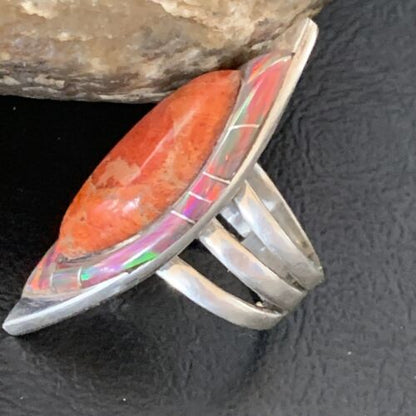 Navajo Red Spiny Oyster Opal Inlay Ring | Sterling Silver | Sz 6 | Authentic Native American Handmade | 12842