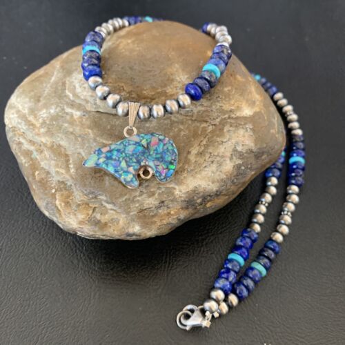 Navajo Bear Pendant | Blue Lapis, Turquoise, Opal | Sterling Silver Necklace | 22" | 13362
