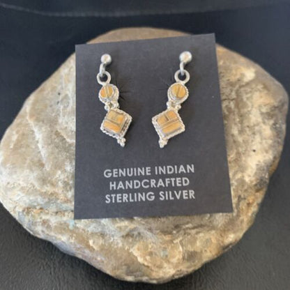 Minimalist Dangle Inlay Navajo Sterling Silver Orange Spiny Oyster Earrings | Handmade | 12679