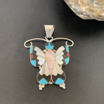 Zuni Blue Turquoise Coral Butterfly Inlay Pendant | Sterling Silver Necklace | Authentic Native American Inlay | 11967 - Masha USA