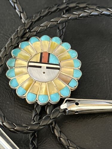 Men's Bolo Tie | Zuni Sunface Mother of Pearl Coral Turquoise Inlay | Sterling Silver | 14755