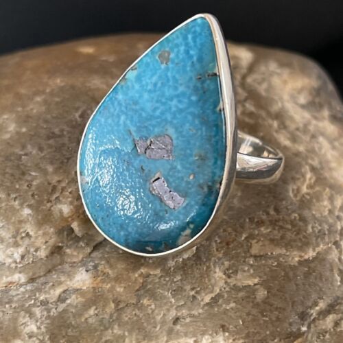 Navajo Blue Kingman Turquoise Ring | Sterling Silver | Sz 10 | Teardrop | Authentic Native American Handmade | 10508