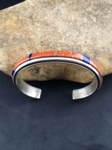 Native American Spiny Oyster & Lapis Inlay Bracelet | Navajo Sterling Silver | 4544