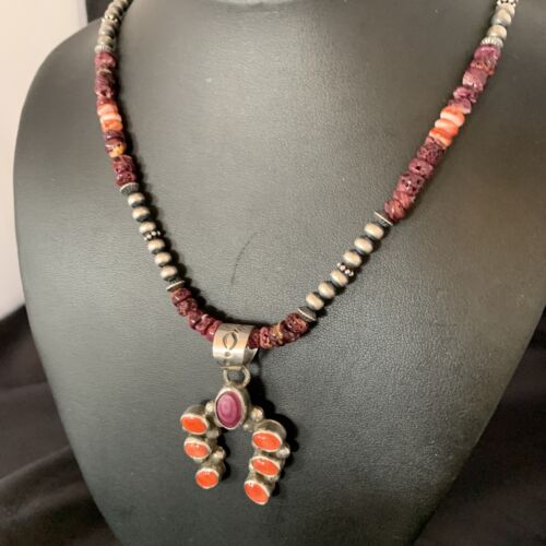Navajo Purple Spiny Oyster Cluster Necklace | Sterling Silver Naja Pendant | Authentic Native American Handmade | 13154