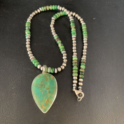 Navajo Pearl Green Turquoise Necklace Pendant | Sterling Silver | Authentic Native American Handmade | 13469