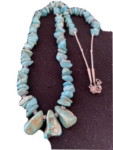 Navajo Blue Turquoise Nugget Beads Necklace | Sterling Silver | Authentic Native American Handmade | 22" | 01345