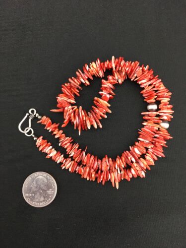 Navajo Red Spiky Spiny Oyster Necklace | Sterling Silver | Authentic Native American | 18" | 4772