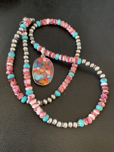 Navajo Pearl Sterling Silver Necklace with Turquoise and Purple Spiny Oyster Pendant | 13278