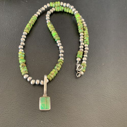 Navajo Green Gaspeite Turquoise Pendant | Sterling Silver | Authentic Native American Handmade | 13266