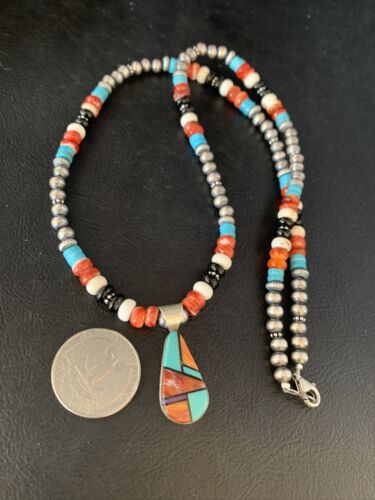 Navajo Multi-Color Turquoise Onyx Inlay Pendant Necklace | Sterling Silver | Authentic Native American Handmade | 13799