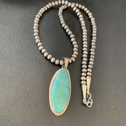 Navajo Pearl Necklace with Blue Spiderweb Turquoise Pendant | Sterling Silver | 13257