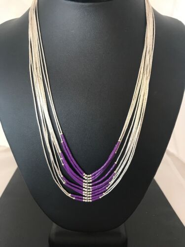 Native American Sugilite Heishi Tubes Necklace | 10 Strand Liquid Sterling Silver | 8558