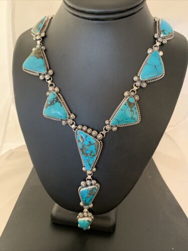 Navajo Lariat Necklace | Spiderweb Turquoise Pendant | Sterling Silver Navajo Pearls | 1187