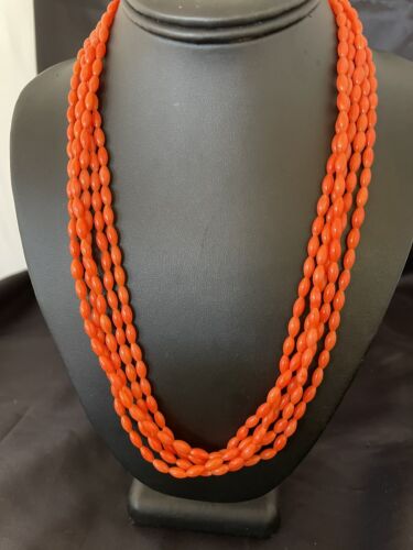 Navajo Orange Coral 5-Strand Necklace | Sterling Silver Barrel Beads | 22" | Authentic Native American Handmade | 10437