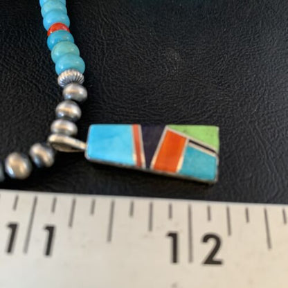 Navajo Blue Turquoise Coral Pendant Necklace | Sterling Silver Inlay | Authentic Native American Handmade | 13839