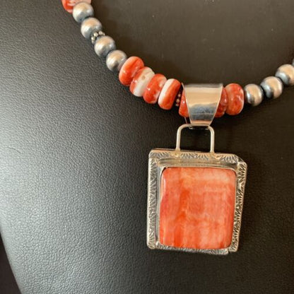 Navajo Pearls Necklace with Red Spiny Oyster Pendant | Sterling Silver | Authentic Native American Handmade | 11324