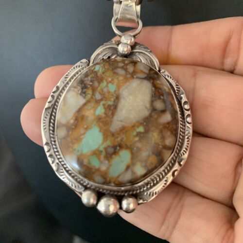 Men's Navajo Boulder Turquoise Pendant Necklace | Sterling Silver | Authentic Native American Handmade | 13658