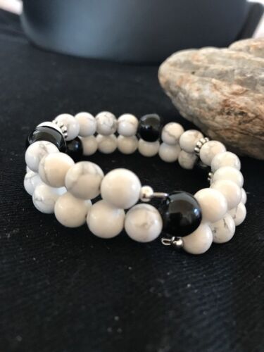 Navajo White Howlite Turquoise Onyx Bead Bracelet | Sterling Silver | Authentic Native American Handmade