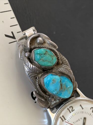 Navajo Women's Sterling Silver Watch Tips with Blue Turquoise Band | Authentic Native American Jewelry | Old Pawn | 12140
