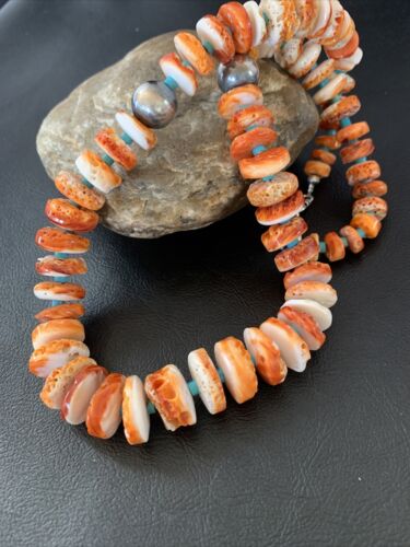 Navajo Orange Spiny Oyster & Turquoise Necklace | Sterling Silver | Authentic Native American | Graduated | 20" | 1504