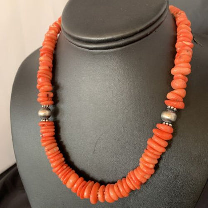 Native American Navajo Pink Coral Bead Necklace | Sterling Silver | 18" | 13229 - Masha USA