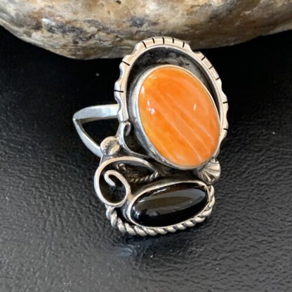 Navajo Black Onyx Orange Spiny Oyster Multi-Stone Ring | Authentic Native American Sterling Silver | Sz 11 | 02168