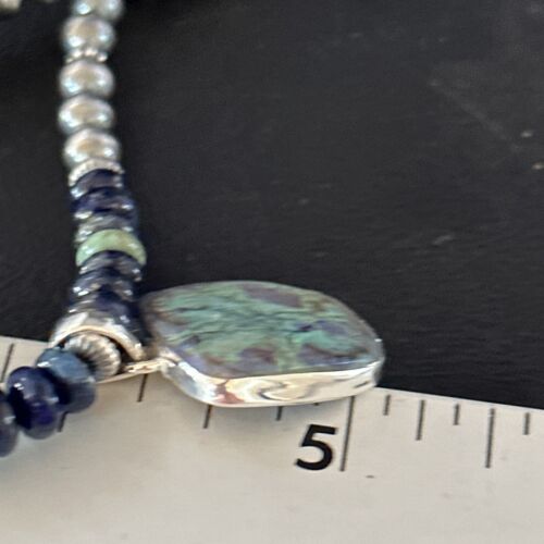 Navajo Green Turquoise Lapis Necklace with Opal Pendant | Sterling Silver | Authentic Native American Handmade | 14368