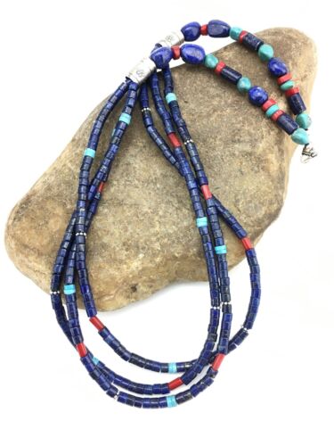 Southwestern Navajo Lapis Turquoise Necklace | 3-Strand | Sterling Silver | 24" | 1361