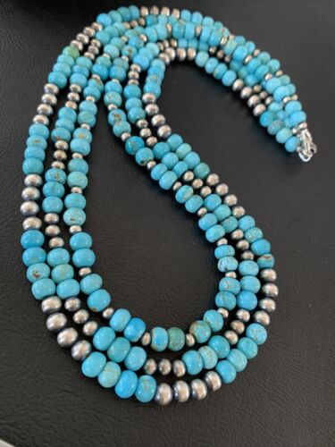 Navajo Blue Turquoise Sterling Silver Graduated Bib Necklace | 3-Strand | 22" | Authentic Native American | 02153