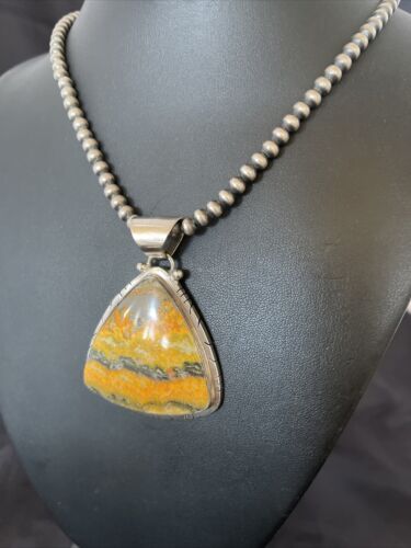 Men's Navajo Pearls Necklace with Bumblebee Jasper Pendant | Sterling Silver | Authentic Native American Handmade | 10558