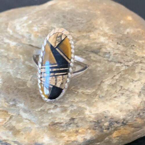 Navajo Black Onyx Coffee Tigers Eye Inlay Ring | Sterling Silver | Sz 8.5 | 10733