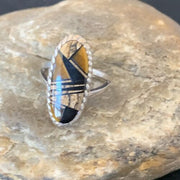 Navajo Black Onyx Coffee Tigers Eye Inlay Ring | Sterling Silver | Sz 8.5 | 10733