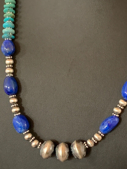 Navajo Lapis & Turquoise Beads Necklace | Sterling Silver | Authentic Native American Handmade | 20" | 4696