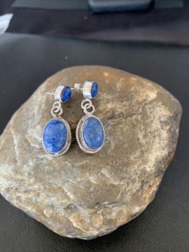 Navajo Denim Lapis Dangle Earrings | Sterling Silver | 1.1" | Authentic Native American Handmade | 1704