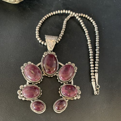 Navajo Purple Spiny Oyster Pendant Necklace | Sterling Silver Naja | Authentic Native American Handmade | 13989