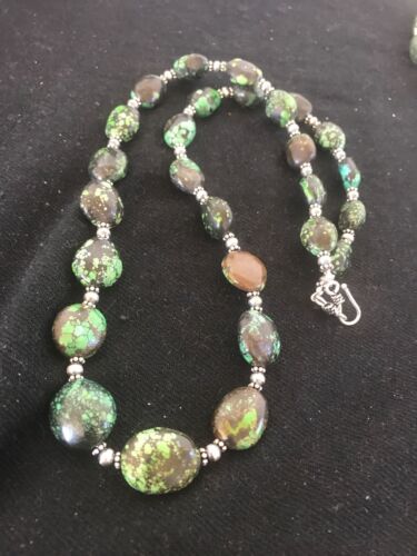 Navajo Green Spiderweb Turquoise Nugget Necklace | Sterling Silver | 22" | Authentic Native American Handmade | 3214