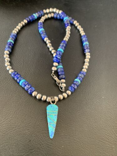 Men's Navajo Pendant | Blue Lapis Turquoise Opal Sterling Necklace 22" | 13385