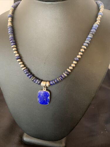 Native American Navajo Blue Lapis Pendant Necklace | Sterling Silver | Authentic Handmade | 12250 - Masha USA