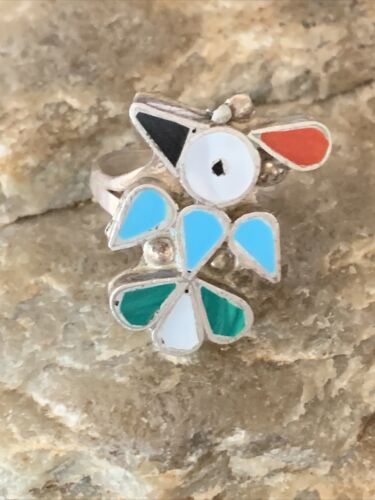 Zuni Peyote Bird Ring | Sterling Silver Coral Turquoise Onyx Mother of Pearl Inlay | Sz 5 | 10213