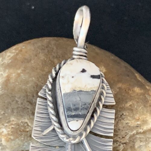 Navajo White Buffalo Turquoise Feather Pendant | Sterling Silver | Authentic Native American Handmade | 13987