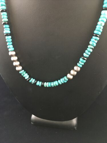 Native American Sterling Silver Necklace | Blue Turquoise & Onyx | 18" | 10027