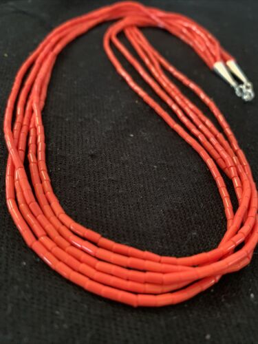 Red Stabilized Coral Heishi Necklace | 5-Strands | Sterling Silver | 20" | Authentic Native American Handmade | 00761