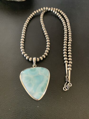 Navajo Blue Larimar Pendant Necklace | Sterling Silver Beads | Authentic Native American Handmade | 1764