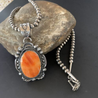 Navajo Pearls Orange Spiny Oyster Pendant Necklace | Sterling Silver | Authentic Native American Handmade | 13750