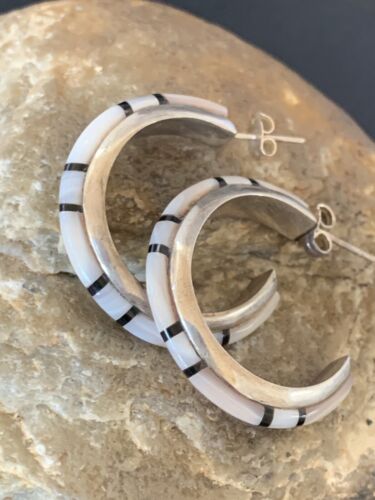 Navajo Pink Mother of Pearl and Onyx Inlay Hoop Earrings | Sterling Silver | Authentic Native American Handmade | 12674