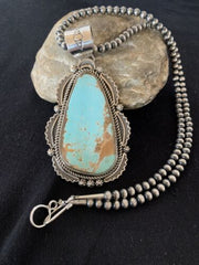 Men's Navajo Pearls Necklace with Blue Royston Turquoise Pendant | Sterling Silver | Native American | 335
