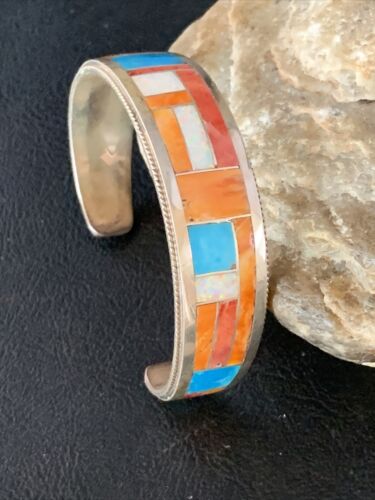 Zuni Orange Spiny Oyster Opal Inlay Cuff Bracelet | Sterling Silver | Authentic Native American Handmade | 14159