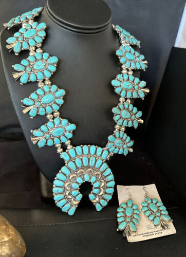 Navajo Blue Turquoise Squash Blossom Necklace & Earrings | Sterling Silver | Authentic Native American Handmade | 14483